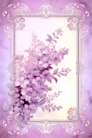 vintage shabby damask narrow floral clipart vignette along the sides and the corners of the picture, little cute bright oil painting style blooming lilac vignette, soff pastel blank center of the picture,