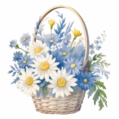 Design a dreamy watercolor clipart of frenchfarmhouse-inspired Cornflowers, daisies, and asters arranged in a woven basket composition, hand-painted with soft and graceful brushstrokes. Draw inspiration from the artistic finesse of Ethereal Petals Watercolors for a refined and ethereal depiction. isolated on a white background, hand-drawn illustration, hand-painted watercolor texture, 16k UHD resolution, intricately detailed, sharp focal points, designed by Ana Victoria Calderon and Holly Exley,