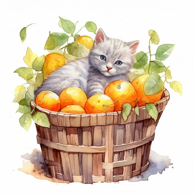 Watercolor british shorthair colored kitten peacfully sleeping in a laundry basket clipart, british shorthair breed, surrounded by oranges and orange leaf and branches, couple of oranges, high detail oranges, high quality drawing, high quality, body visible, summer colors, hairs are visible, variety of kitten type, summer day theme, valentines day theme, full body kitten, crawling in basket, peacefull fealing, childlike innocence and charm, peacefully sleeping cat, shy kitten, Oh my god its so c