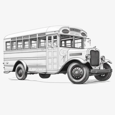 hot rod schoolbus : black and white line art, white background, flat, single image clipart style
