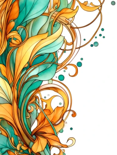 fascia of amberwood, clipart, soft, flowing lines, elegant, Art nouveau, teal and amber color scheme, Alcohol ink watercolor, no background