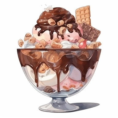 Watercolour of a chocoloate Ice Cream in aglass bowl , Clipart,Cartoon,hyper realistic, intricate detail isolated on a white background, high quality, sublimation, detailed, cartoon style
