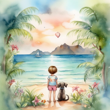 watercolour, tropical island setting, showcase a cute little boy (he is aged 4) standing with his back towards us, sitting overlooking the ocean with his little adorable puppy, the puppy has tropical flowersd around his neck, the feeling is happy, magical, the clouds in the sky are fluffy in the shape of a love heart to signify the love between the little boy and his best friend, boththe boy and the puppy are sitting with their backs towards us, clipart style