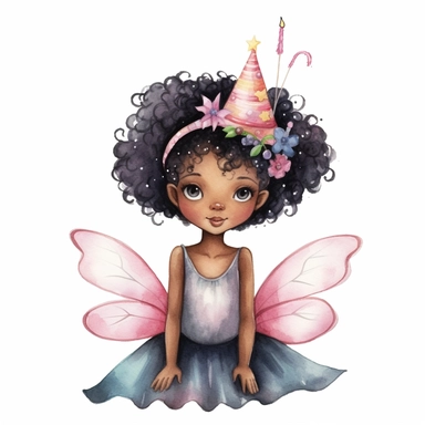A cute African American mystical fairy with delicate wings and a birthday hat clipart, watercolor style, white background