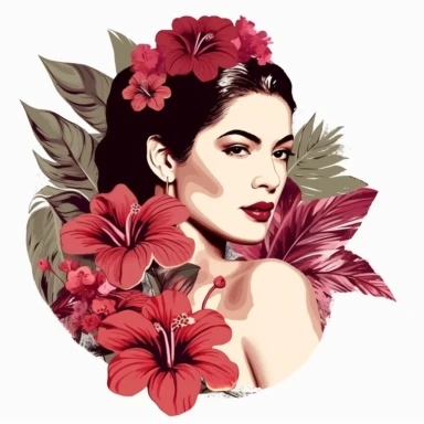 mexican woman with a Hibiscus mahagony meets botanical vintage themed clipart with goodess like with a Hibiscus