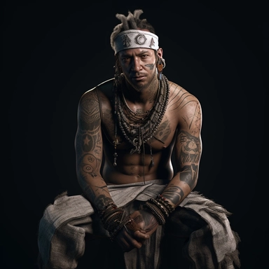 a white male, full body shoot, wearing tribal clothing and doll head necklace post apocalyptic, unreal game engine style, different poses, detail, clipart, black background, one of a kind--ar 16:9