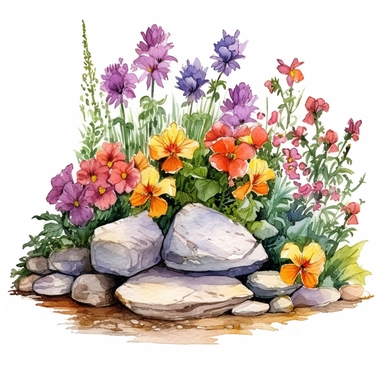 watercolor clipart of a gorgeous flower garden bed with rocks, colored pencil drawing, good composition, vector, contour, isolated white background, 16k