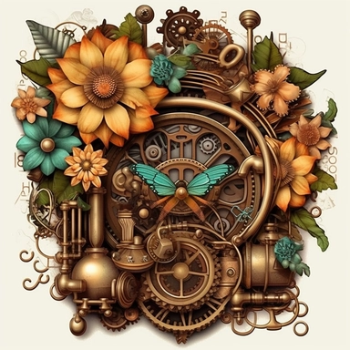 Create a captivating set of steampunk floral arrangements clipart that combines the enchanting elements of Victorian aesthetics with the futuristic allure of steampunk culture. Utilize digital illustration as the artistic medium to bring these unique compositions to life. Draw inspiration from steampunk genres, referencing the works of authors like Jules Verne and incorporating iconic steampunk imagery such as gears, clockwork mechanisms, and intricate metalwork. Embrace a vibrant color palette 
