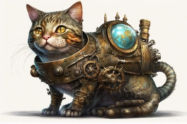 clipart, A beautiful cute cat with a steampunk-style mechanical fish in its paws, hd, on white background,