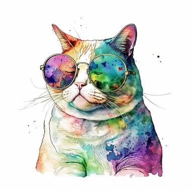 watercolor cozy watercolor clipart artwork of fat cat with sunglasses, hd white background