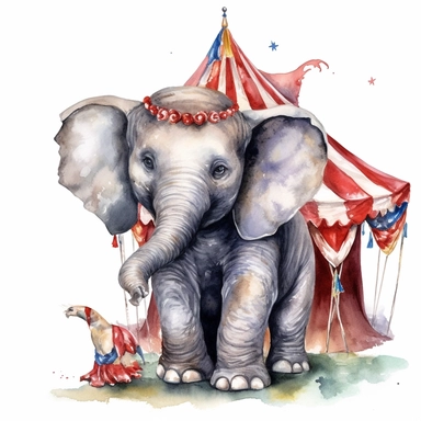 stunning detailed watercolor vintage circus baby elephant, full body, clipart on white background