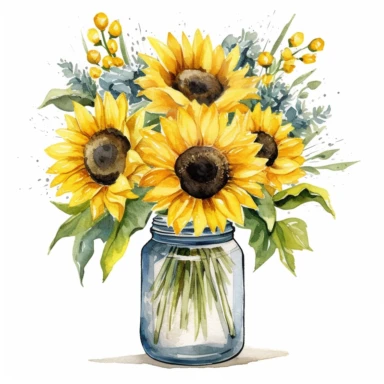 Watercolor yellow sunflowers bouquet in a small mason jar bloom clip art on clean white background