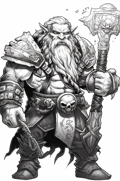 realistic style, bold black lines, fantasy dwarf armies in combat using hammer hitting themed colouring page, bold black lines, clipart, digital art, colouring page for adults