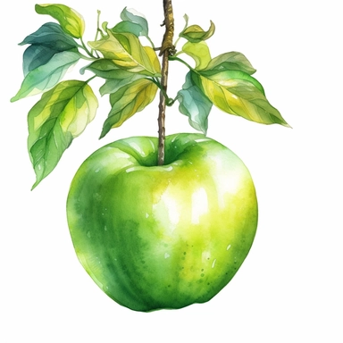 watercolor green apple hanging from a tree clipart, white background, realistic with high details, beautifully colored with strong palette pastel colors, 32k hd