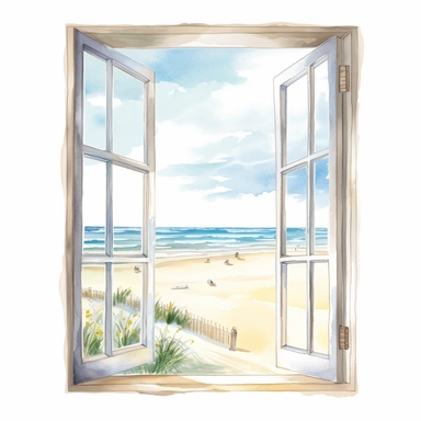 Ella bailey watercolour illustration style window frame with beach view, high definition, 8k, insanely detailed, fine detail, sharp focus, illustration, white background, isolated clipart vector