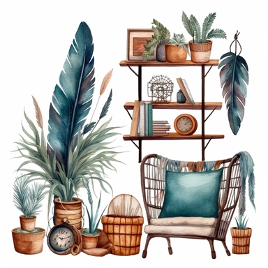 A boho style home corner with watercolor effect, boho furniture, boho style tools, feathers, boho style details, boho colors, suitable for digital clipart, white background, boho style green plants