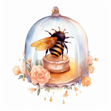 whimsical watercolour clip art honey cupcake under a glass dome with bee decorations