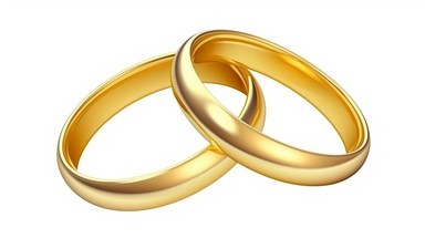 realistic Two golden wedding rings, isolated on a plain solid white background, clipart