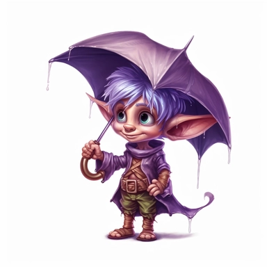 Cute Adorable magical little Elf with big pointed ears holds a umbrella in his hand wears a raincape and stand in the rain on a country road, clipart, photorealistic illustration, watercolor, high detail, 8k polished, 8k, vibrant colors, sticker, majestic, die cut, black and purple color, white background