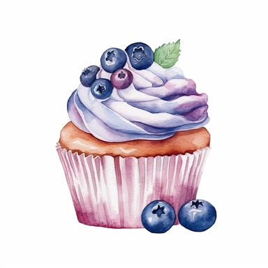 light Watercolor Yummy blueberry cup cake clipart, hd, single object, white background, no text watermark