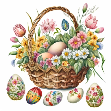 funny drawn sketch easter eggs with romanian traditional pattern in a a basket with flowers on white background, artistic painting, easter spring scene, add some spring leaves, add some flowers, add some rabbits and butterflies, pink sgades, watercolor, clipart, 2d, sketch style, no text