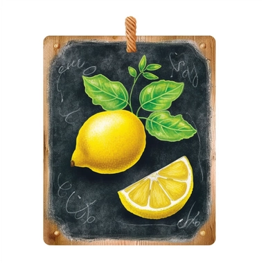 on white background cute and vibrant clipart featuring lemon chalk drawing on chalkboard in watercolor style, hyper realistic photo flat color