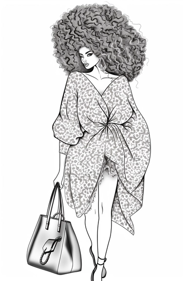 coloring pages for adults, beautiful african american women, afro, one flower in hair, clipart, fashion, full body, purse, heels, pantss, skirts,, necklace, shirt, handbag, boss