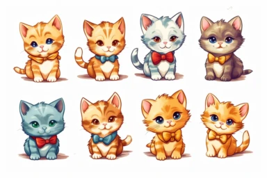 9 sets of a cute baby kitten Munchkin, smile,round face,round head,Wearing a flower bow tie,different poses,different breeds, clipart, isolated on white background, spaced out,