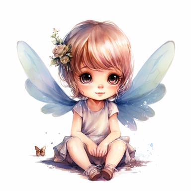 chibi little girl, big eyes, dressed as a fairy with wings on her back, beautiful and happy, she is sitting and head is turned towards camera, very detailed and realistic, watercolor, white background with margins, clipart style