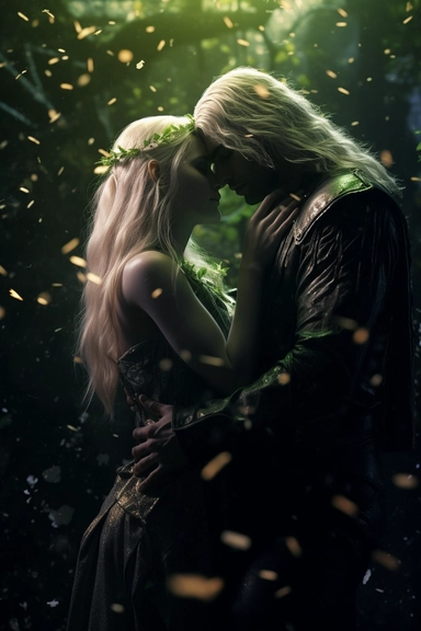 Clipart, just real, cinematic lighting, couple of elf lovers, kiss , white hair, man with medium hair, green eyes, fantasy background, 8k, darkness & light