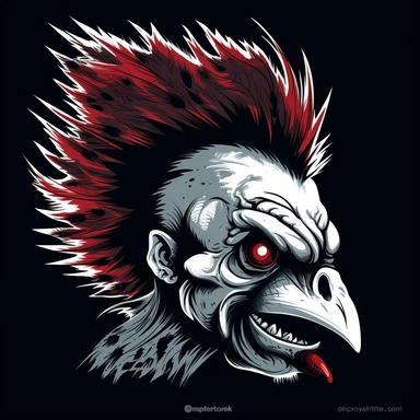 vector art of a punk psychobilly rooster head in profile view, eye sockets are like a skull, cheeks are bone structures a black and white clipart drawing , in the style of uhd image, piratepunk, 3840x2160, etam cru, transcendent, comic book-like, captivating, vector graphic, in the style of ethan van sciver, graphic black and white, 3840x2160, piratepunk, thriftcore, captivating, high resolution , , in the style of fantastic grotesque, gritty horror comics, massurrealism, precisionist, monochrom