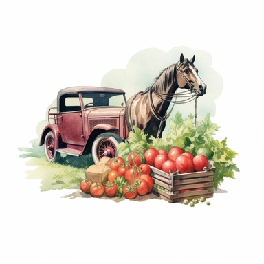 a beautiful horse carrying tomatoes, watercolor clipart & clip art, in the style of light red and dark gray, narrative paneling, classic american cars, uhd image, hand lettering, depiction of rural life, wood