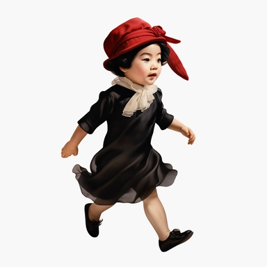 Singer Yoko Ono as a 2 year old toddler, wearing a classic black satin chanel dress, red shoes, red velvet bowler hat, gold silk scarf, dancing, irradiant facial expression, plain white background, clipart