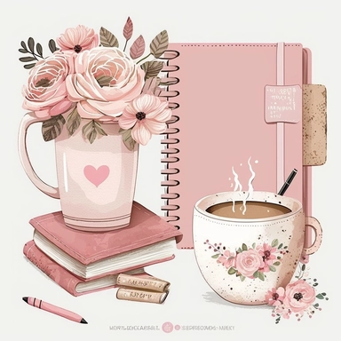 white and pink illustration clipart planner girl book stack pink purse coffee cup clip art pink