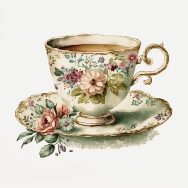 Vintage old school floral tea cup, watercolour clipart, with tea food