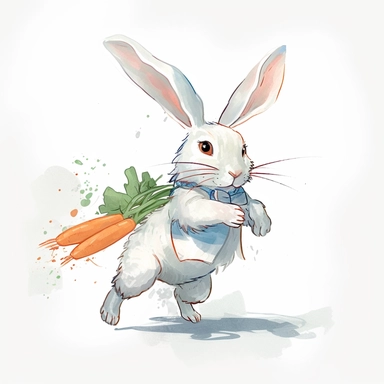 this is a clipart illustration with a bunny holding carrots, in the style of emotionally-charged brushstrokes, animated gifs, eiichiro oda, white and blue, lively action poses, soft and dreamy pastels, jan urschel,pure white background