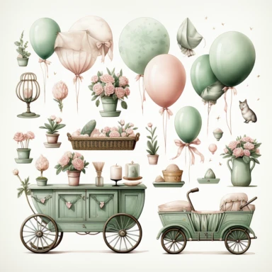 watercolour, baby theme, clipart, soft and muted pastel nuances, white background