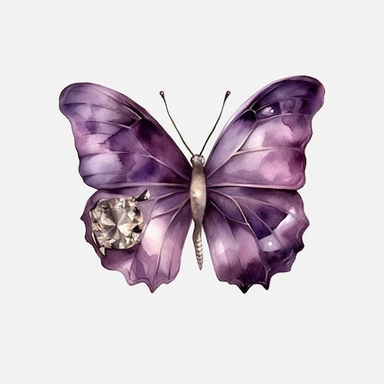 Bejeweled amethyst Butterfly brooch Watercolor Clipart, watercolor painting, png, HDR, 8k, super hyper realism. white background,