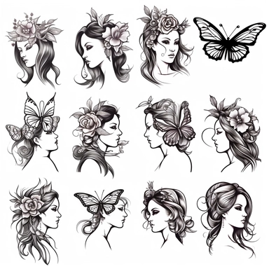 Clipart of summer fairy butterflies and flowers, in the style of watercolour, clean outline, individual, magical, enchanted,