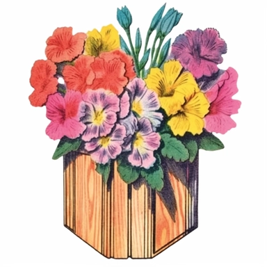 Design a dreamy watercolor clipart of a Wooden box with a Bouquet of flowers in a mix of vibrant and contrasting colors arranged in a bold composition, hand-painted with soft and graceful brushstrokes. Draw inspiration from the artistic finesse of Ethereal Petals Watercolors for a refined and ethereal depiction. isolated on a white background, hand-drawn illustration, hand-painted watercolor texture, 16k UHD resolution, intricately detailed, sharp focal points, designed by Ana Victoria Calderon 