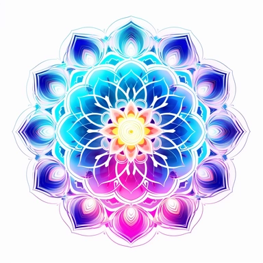 Clipart. White background. Vibrant neon mandalas illuminate the foreground with their intricate and mesmerizing patterns. The bold use of neon colors adds an electrifying energy and modern aesthetic to the traditional art form, symbolizing the dynamic nature of cultural evolution and artistic expression. Delicate lotus flowers, sacred geometric shapes, or subtle references to spiritual concepts enhance the depth and meaning of the artwork, inviting viewers into a meditative and transformative ex