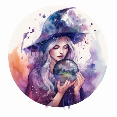 Create a mesmerizing watercolour fantasy witch clipart showing a witch with a crystal ball, gazing into its depths and surrounded by celestial symbols and constellations.