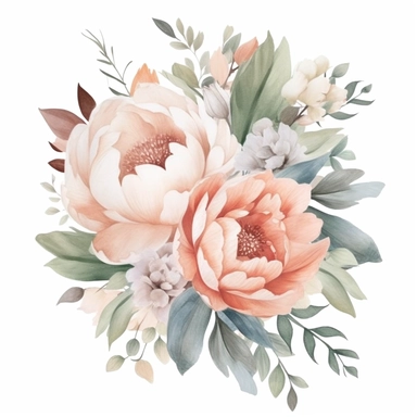 Dreamy pastel peony clipart against a pristine white background. The illustration features a whimsical pastel peony with layers of delicate petals and rich green foliage. The color palette includes soft shades of pink, peach, and mint green. The white background creates a fresh and contemporary setting, accentuating the peony's ethereal beauty. The lighting is soft and diffused, enhancing the flower's dreamlike qualities. The atmosphere exudes a sense of enchantment and elegance.