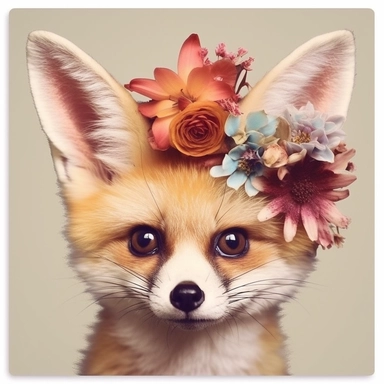 lashes, super lovely, nursery, close-up of an fennec foc, flower. The red panda has fluffy fur with black markings, large ears, and bright eyes. It is standing on top of a white background. vintage clothing hyper realistic 8k clipart