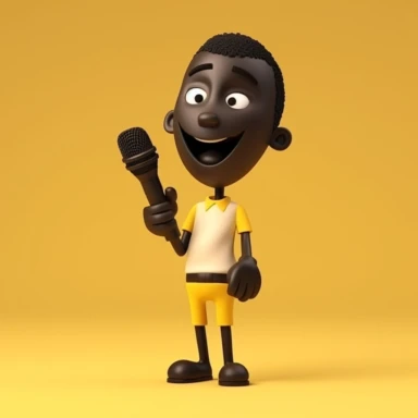3d render, cartoon character dark skin tone hand holds microphone. Rock concert clip art isolated on yellow background