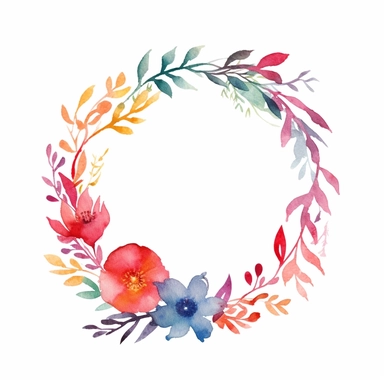 flower border in a circle pattern, one per page, watercolor clipart, minimalist, bright colors, isolated on a white background,