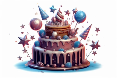 Celebration party birthday cake with lots of icing and decorations sublimation clipart, 4th of July theme, intricate detail, illustration style, 4k, high solution, on the white background