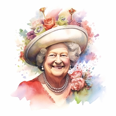 A cheerful portrait of the Queen Mother, who was known for her warm personality and enduring public popularity, Clipart, watercolor, white background, intricate detail.