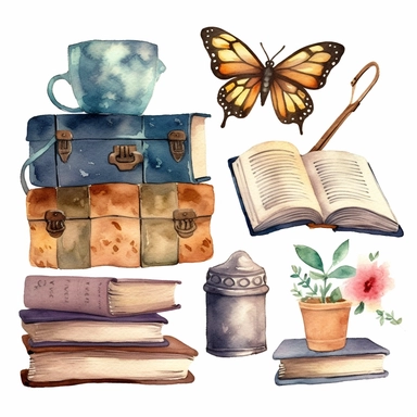 World book day hand drawn watercolor clipart set. Library books collection
