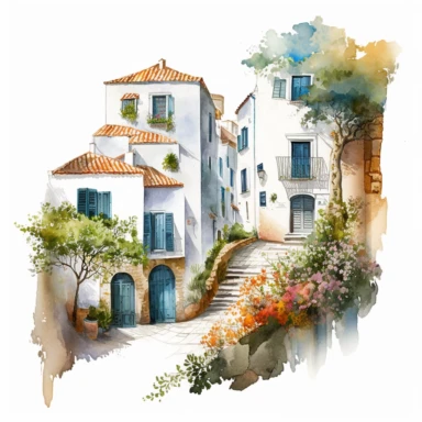 beautiful watercolor clipart of white houses on a cobbled street in a French hillside village near the Mediterranean sea, warm summer hues with blue and white, compositions on an isolated white background. Bright landscapes illustrations, highly detailed